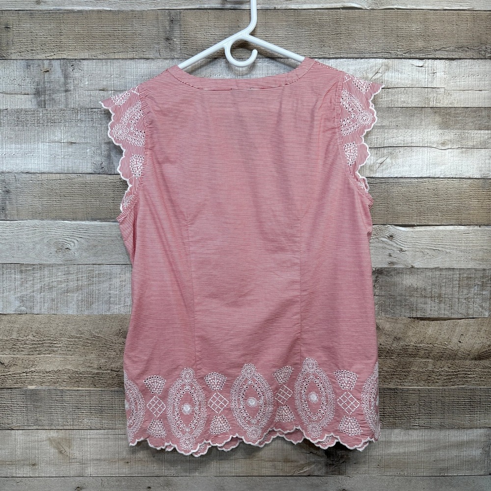 Talbots Red White Striped Eyelet Embroidered Sleeveless V-Neck Top Large Cotton - Picture 5 of 7